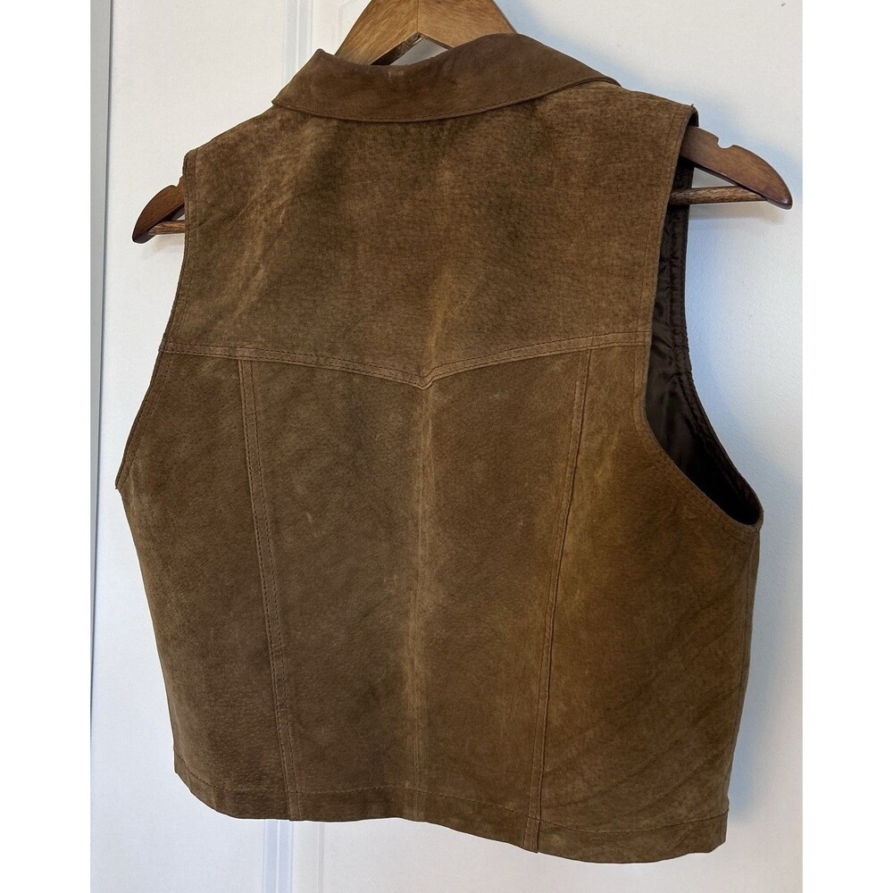 Vintage Brown Leather Vest Women Small Cropped Western Snap Button Moto Biker - Picture 4 of 12